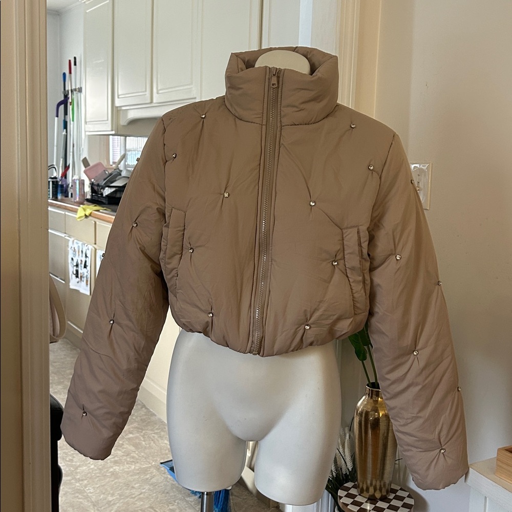 Cropped Tan Puffer Jacket with Diamond Studs